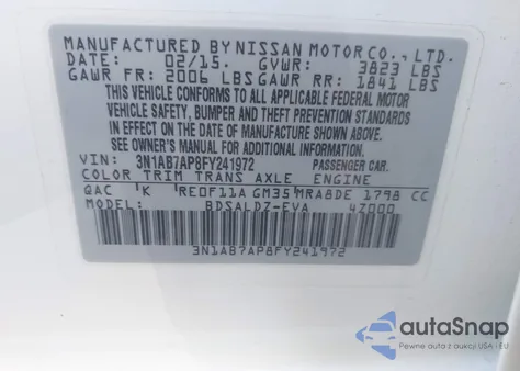 2015 Nissan Sentra Sv z USA, uszkodzony, nr VIN 3N1AB7AP8FY241972